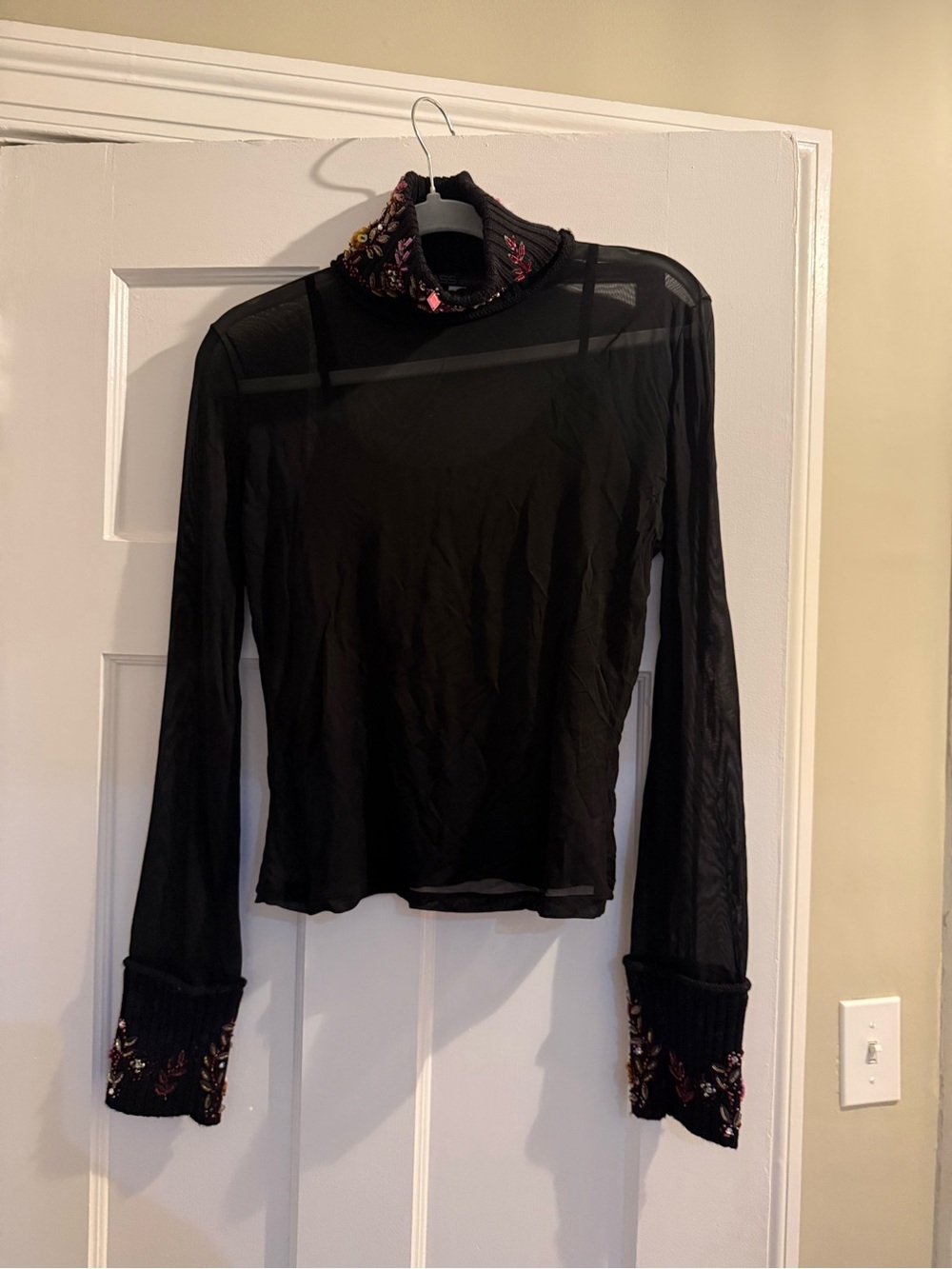 Roberto Cavalli Class Sheer Long-Sleeve Turtle Neck Top with Embroidered Cuffs